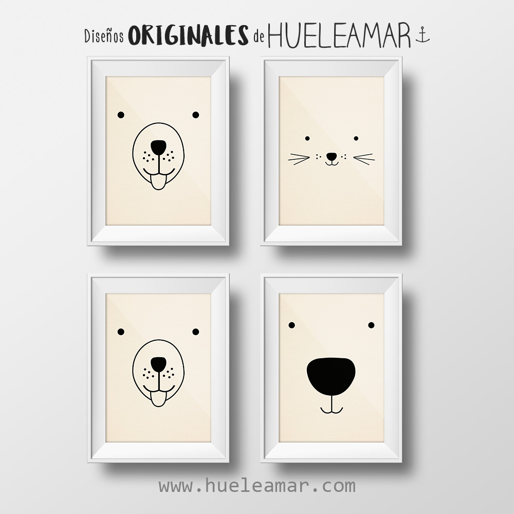Pack 4 láminas infantiles caras trazo animales 01 – Hueleamar